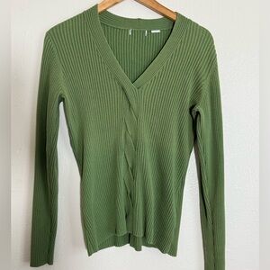Green Ribbed V-Neck Sweater